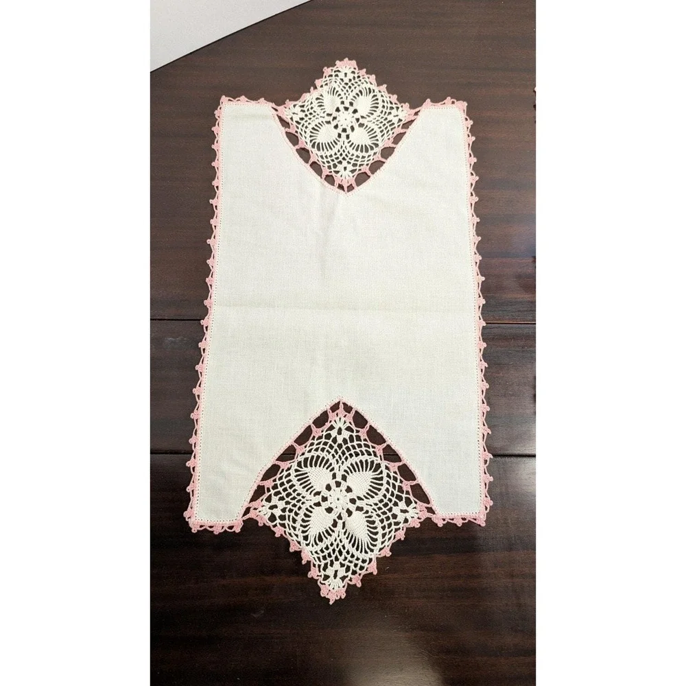 Vintage Pink Crochet Linen Table Runner Set Handmade Lace Napkins Doily 6pc